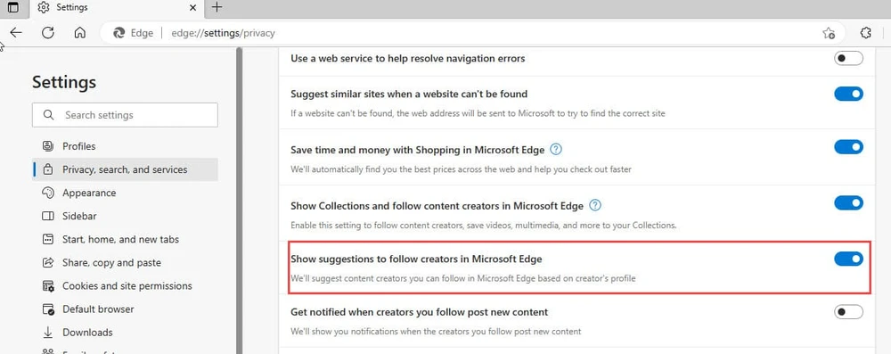 tắt tính năng theo dõi trên edge