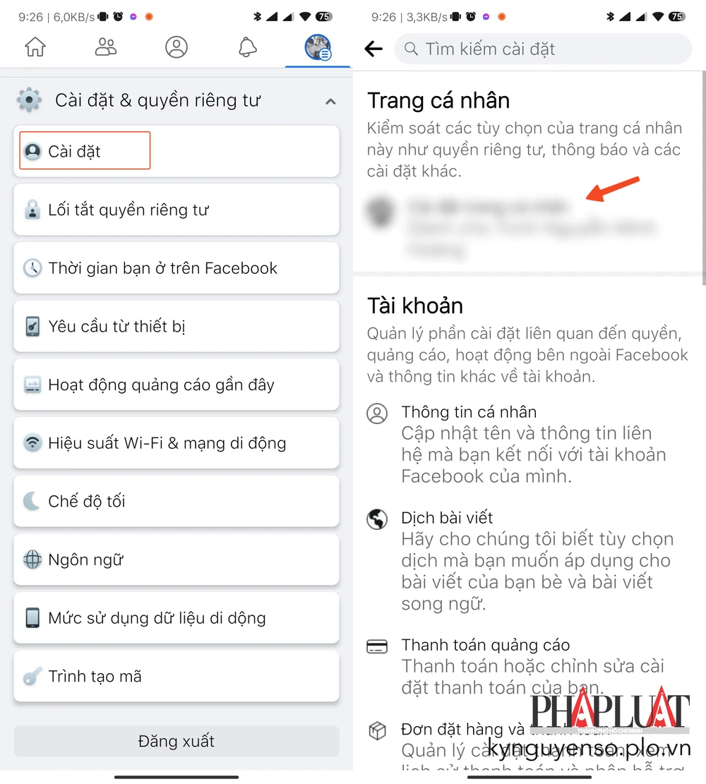 Truy cập vào phần cài đặt trên ứng dụng Facebook. Ảnh: MINH HOÀNG