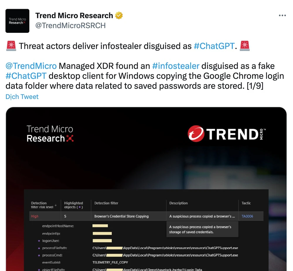 Trend Micro cảnh báo về phần mềm độc hại giả mạo ChatGPT. Ảnh chụp màn hình