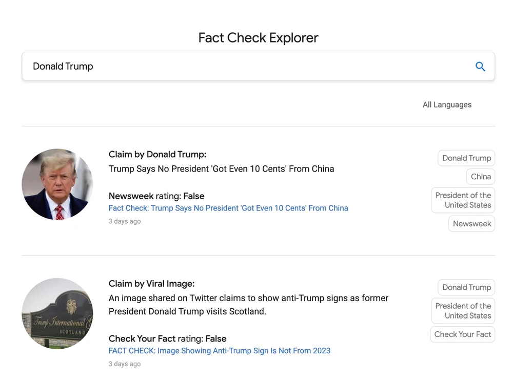 Fact Check Explorer trả về kết quả ngắn gọn và rõ ràng. Ảnh: TIỂU MINH