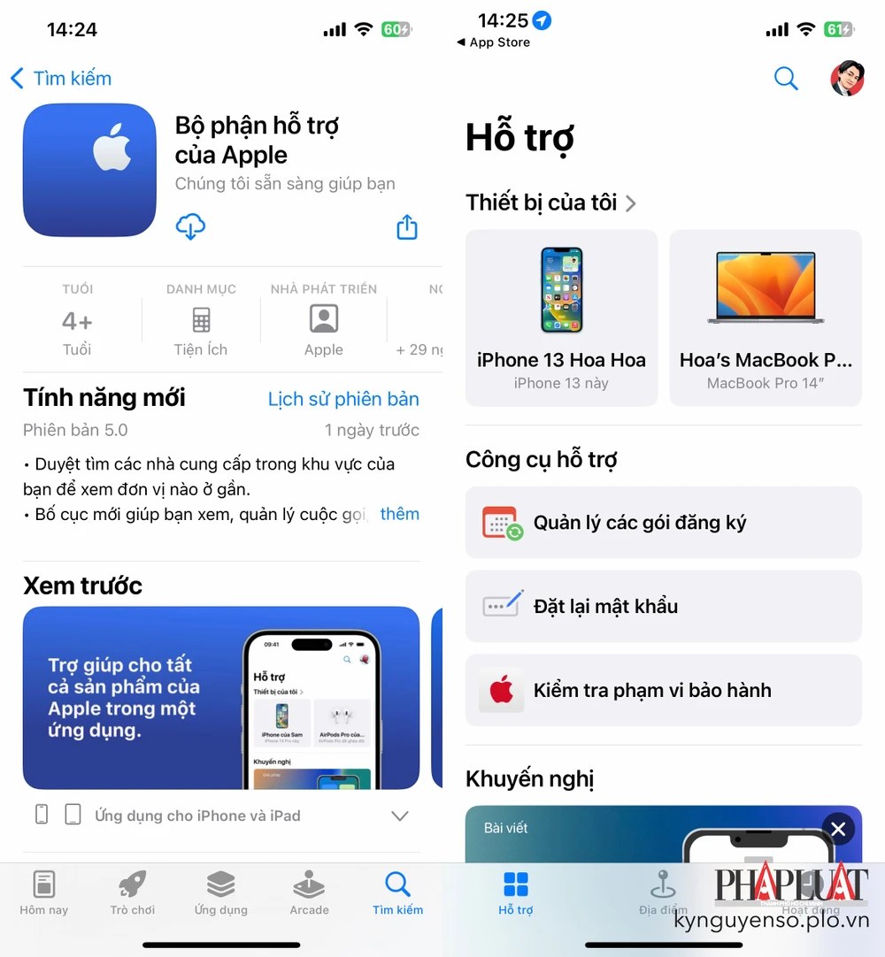 Apple Support hỗ trợ người dùng quản lý thiết bị dễ dàng hơn. Ảnh: TIỂU MINH