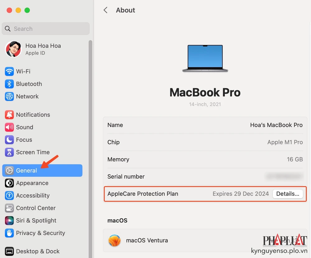 Kiểm tra thời gian bảo hành trên MacBook. Ảnh: TIỂU MINH