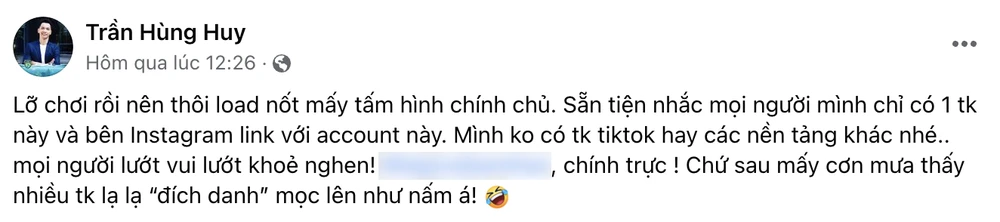 Ông Trần Hùng Huy cảnh báo các tài khoản giả mạo. Ảnh: TIỂU MINH
