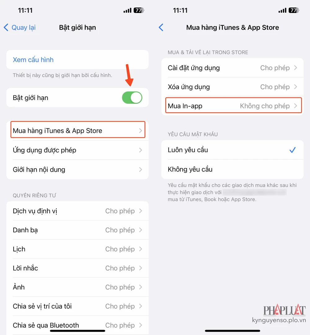 Tắt tính năng mua hàng trên App Store. Ảnh: MINH HOÀNG