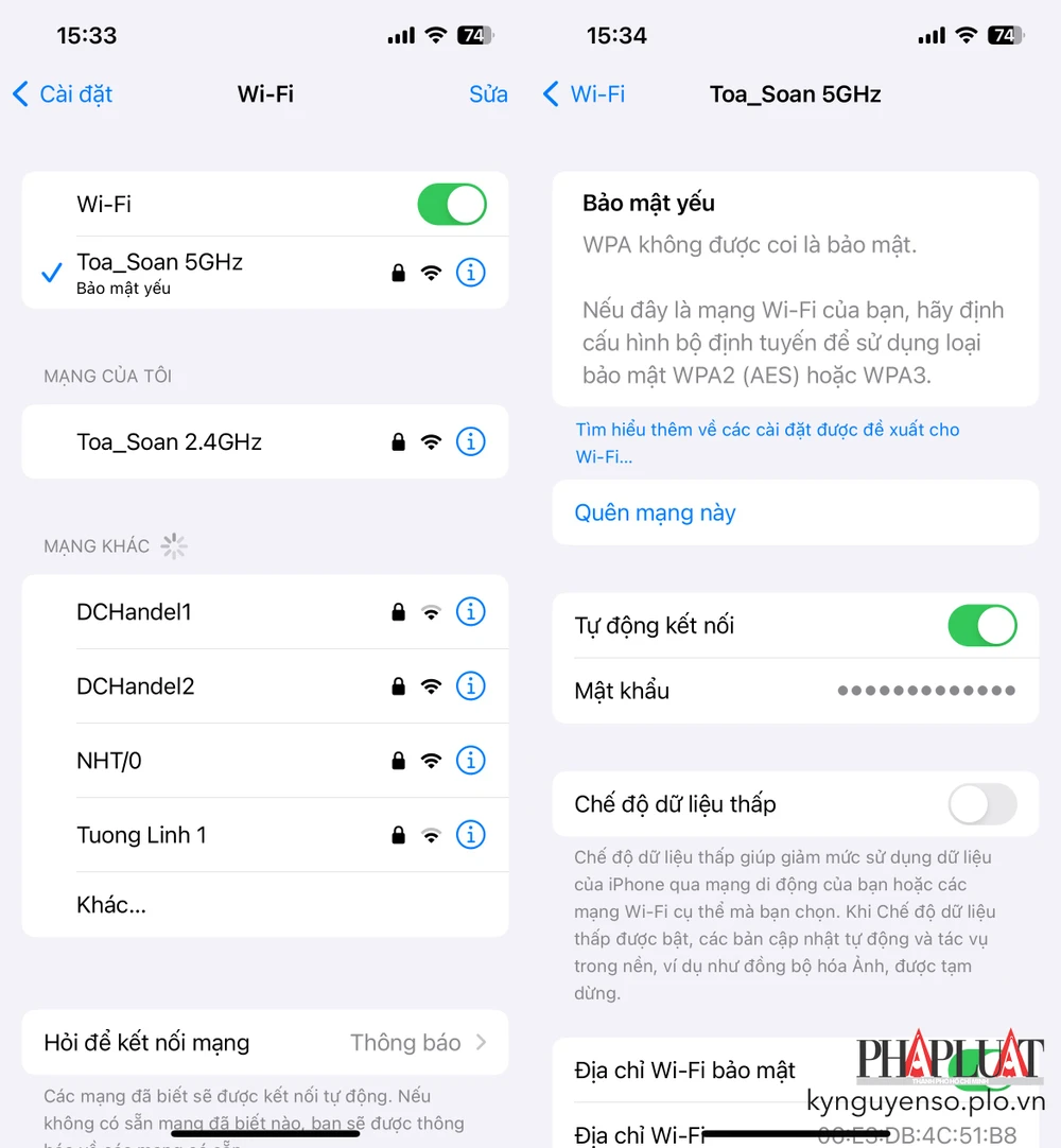 Cách xem lại mật khẩu WiFi trên iPhone. Ảnh: TIỂU MINH