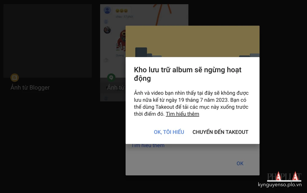 Google thông báo xóa nội dung trên album lưu trữ từ 19-7-2023. Ảnh: TIỂU MINH