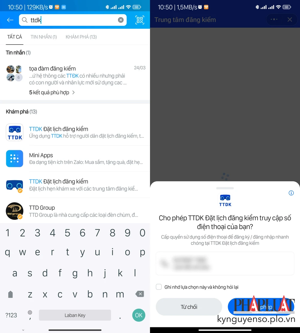 Sử dụng ứng dụng TTDK Đặt lịch đăng kiểm trên Zalo. Ảnh: TIỂU MINH