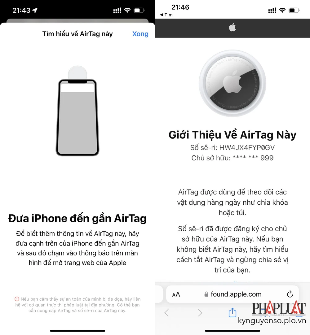 Kiểm tra thông tin của chủ sở hữu AirTag. Ảnh: TIỂU MINH