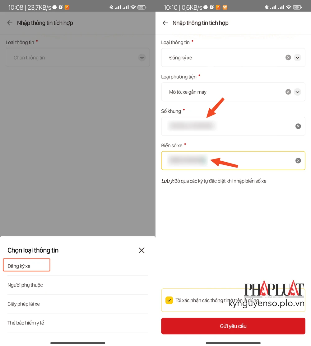 dien-day-du-thong-tin-can-thiet-giay-to-xe-vao-vneid Điền đầy đủ các thông tin cần thiết như số khung, biển số, loại phương tiện. Ảnh: MINH HOÀNG