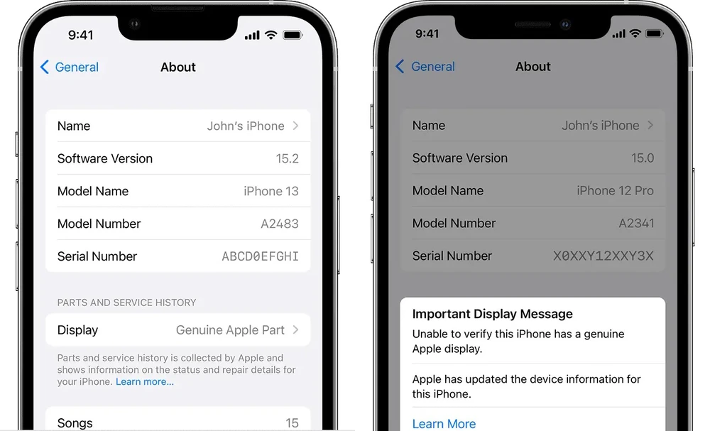 iPhone cảnh báo linh kiện không chính hãng. 