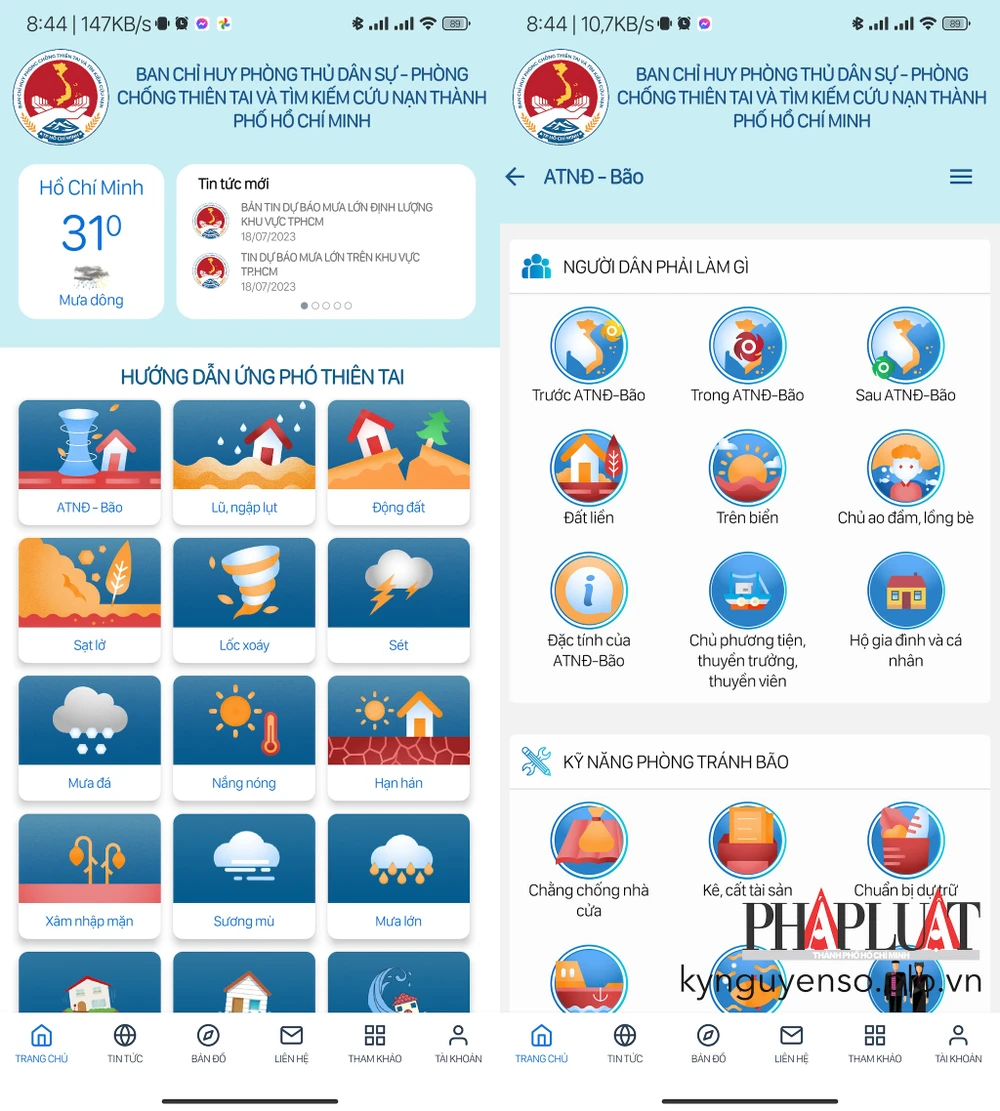 Ứng dụng PCTT HCM cung cấp một số cách ứng phó với thiên tai. Ảnh: MINH HOÀNG
