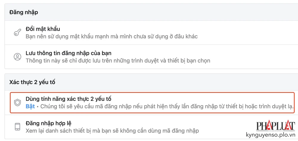 Bật tính năng xác thực hai yếu tố trên Facebook. Ảnh: TIỂU MINH