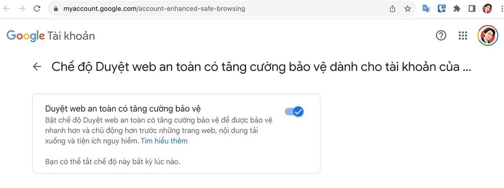Bật tính năng Enhanced Safe Browsing. Ảnh: MINH HOÀNG