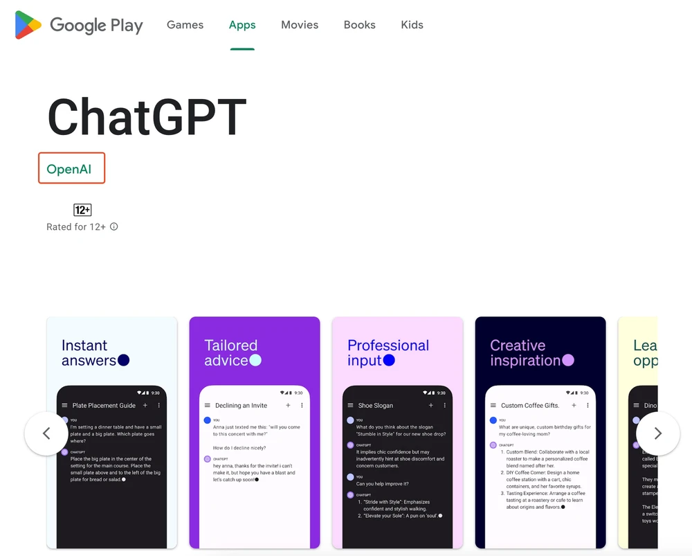 chatgpt-co-mat-tren-android Ứng dụng ChatGPT trên Google Play do OpenAI phát triển. Ảnh: TIỂU MINH