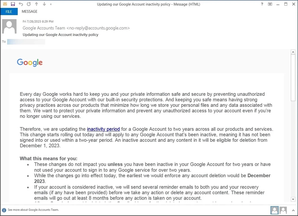 google-xoa-tai-khoan-khong-hoat-dong-trong-2-nam Google cảnh báo tài khoản không hoạt động. Ảnh: BleepingComputer