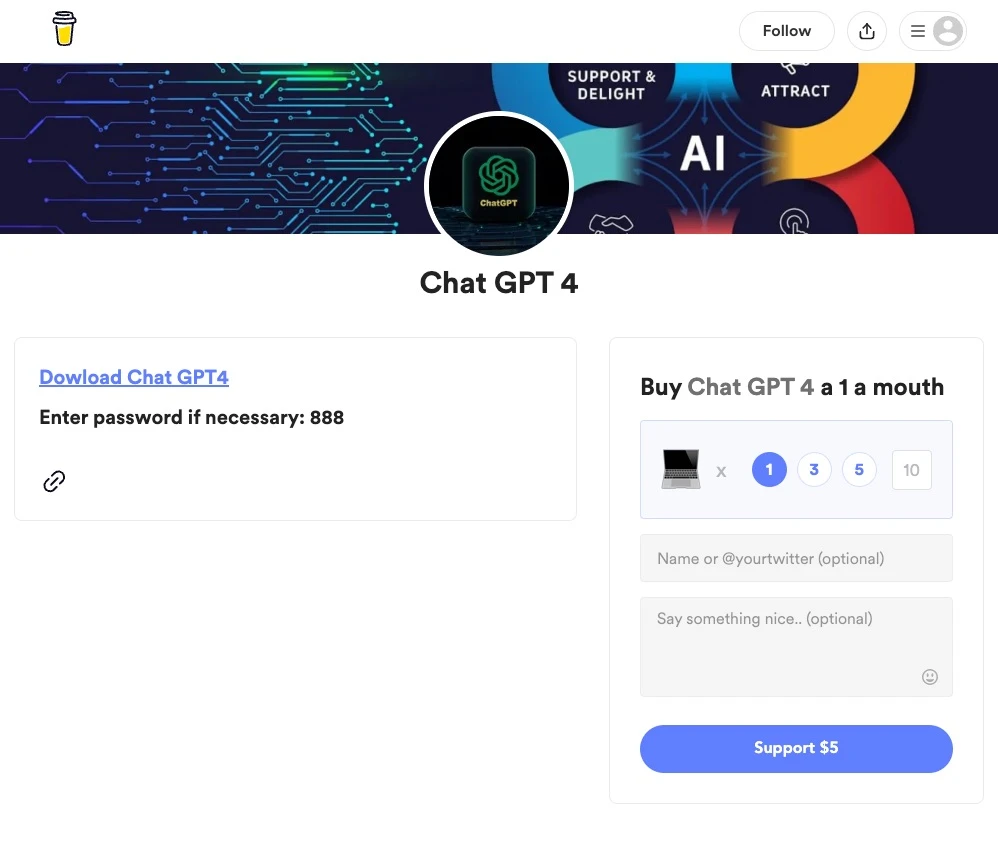 Một ví dụ về phần mềm độc hại được lưu trữ trên trang web của bên thứ ba, ngụy trang là ChatGPT. Ảnh: Facebook