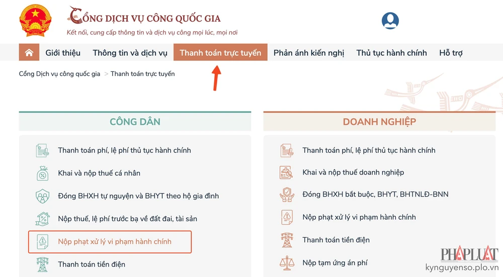 Đóng phạt vi phạm hành chính online thông qua cổng dịch vụ công quốc gia. TIỂU MINH