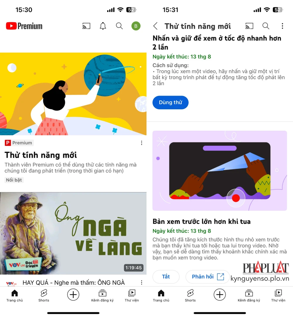 YouTube Premium cho phép người dùng trải nghiệm trước các tính năng mới. Ảnh: TIỂU MINH