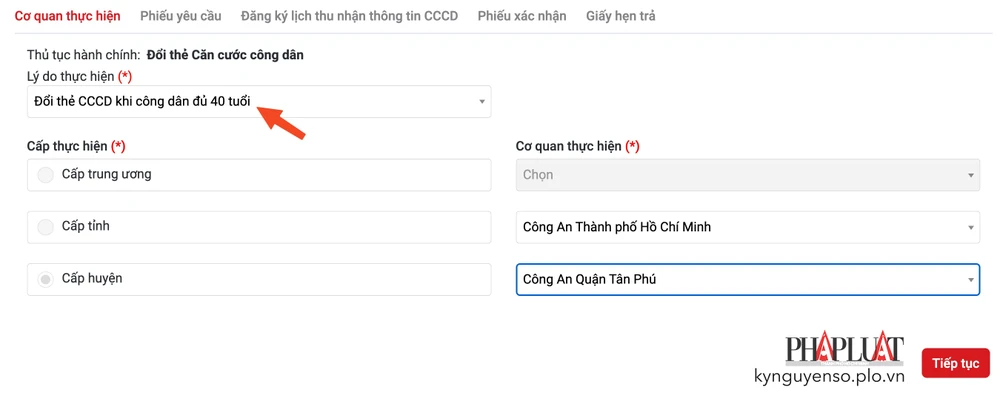 Chọn lý do và cơ quan thực hiện việc đổi lại CCCD. Ảnh: MINH HOÀNG