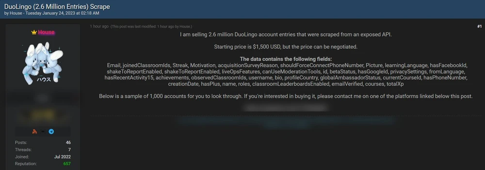 Dữ liệu người dùng Duolingo bị rao bán trên một diễn đàn hack. Ảnh: Falcon Feeds