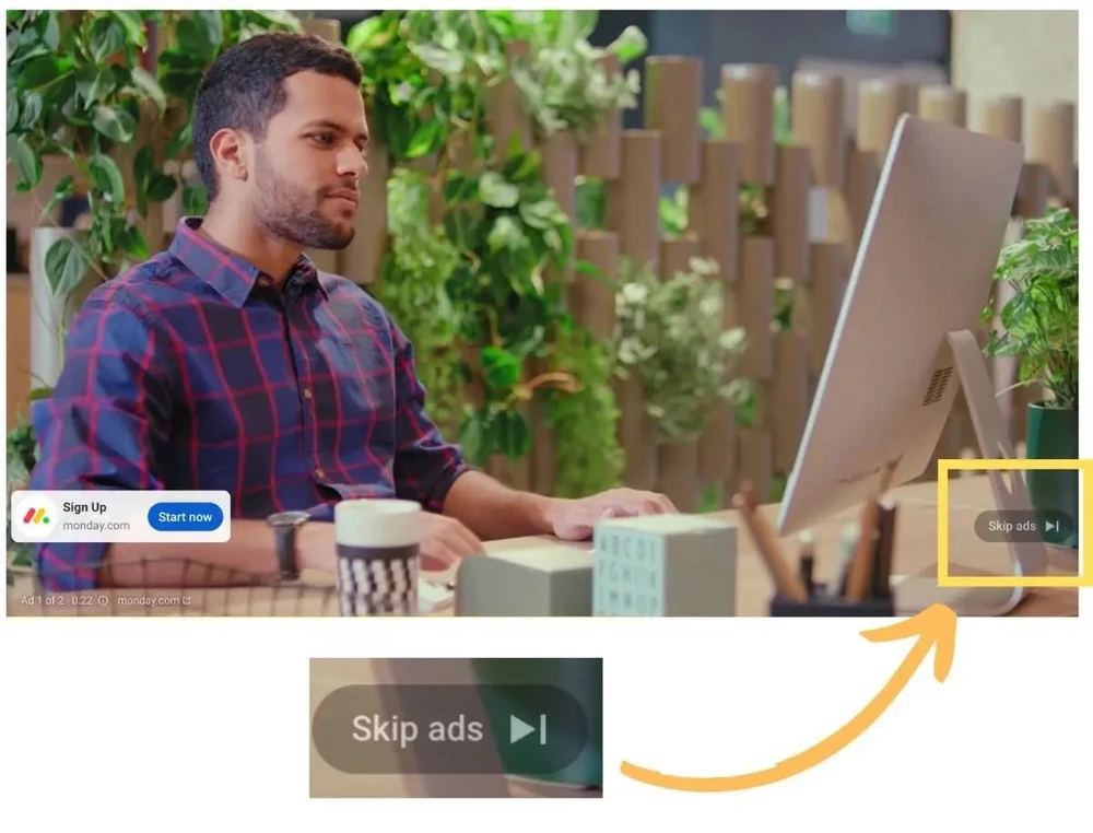 Nút Skip Ads (bỏ qua quảng cáo) mới trên YouTube. Ảnh: 9to5Google