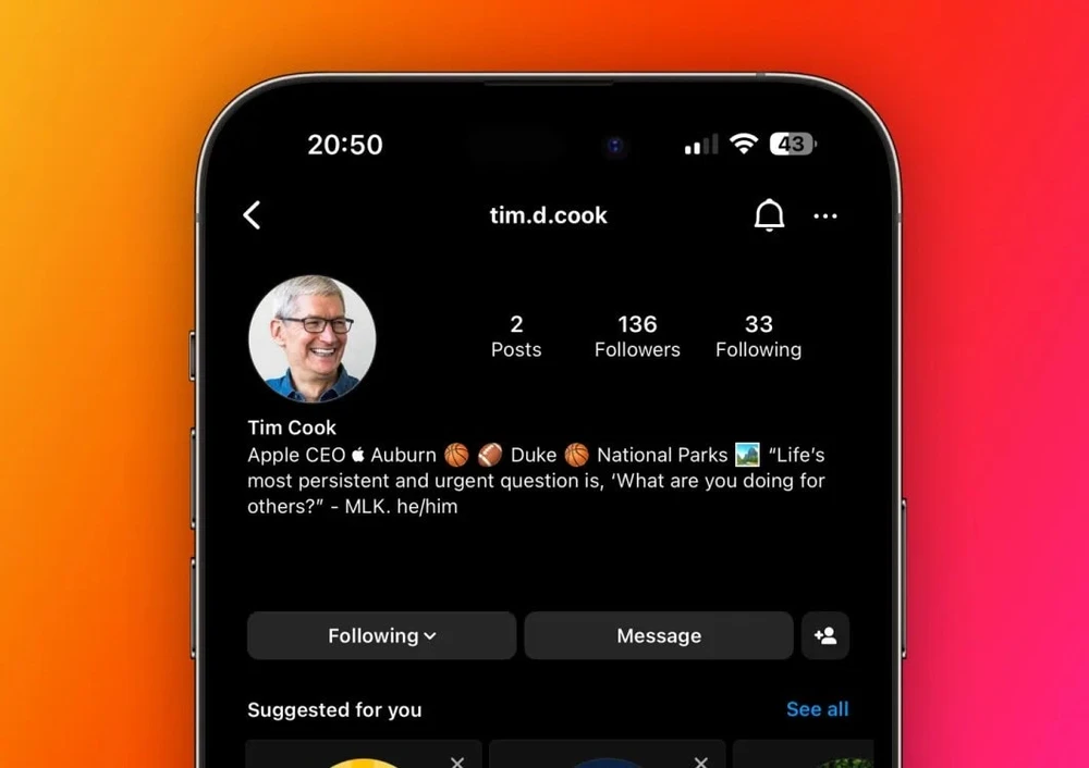 Tài khoản Instagram giả mạo Tim Cook hiện đã bị xóa bỏ. Ảnh: 9to5Mac