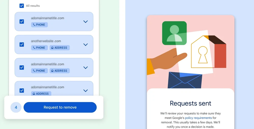 Gửi yêu cầu xóa thông tin nhân khỏi kết quả tìm kiếm. Ảnh: Google