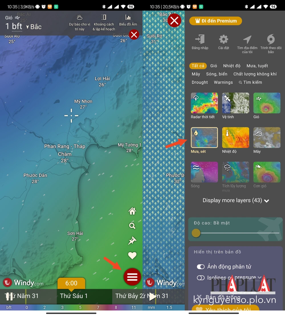 Theo dõi bản đồ mưa bão bằng Windy. Ảnh: MINH HOÀNG