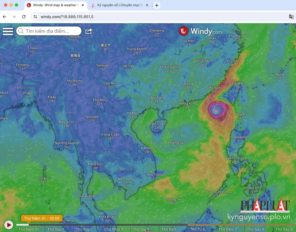 Sử dụng Windy để theo dõi tình hình thời tiết dịp lễ 2-9. Ảnh: MINH HOÀNG