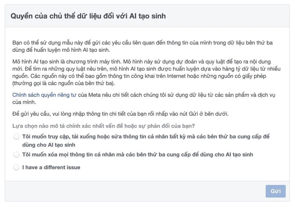 yeu-cau-meta-khong-su-dung-du-lieu-ca-nhan-dao-tao-ai Yêu cầu Meta không sử dụng dữ liệu cá nhân để đào tạo AI. Ảnh: TIỂU MINH