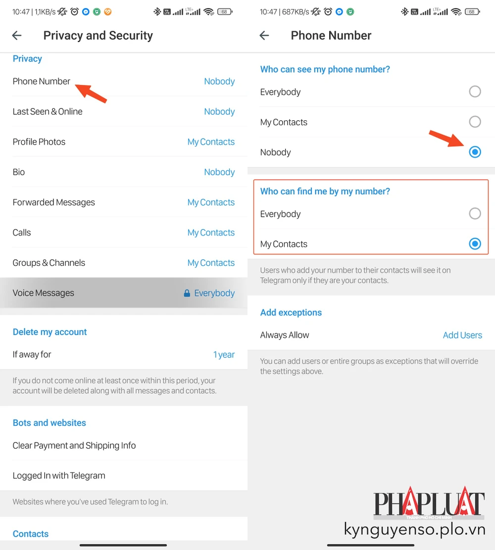 an-so-dien-thoai-tren-telegram Ẩn số điện thoại và hạn chế bị người khác thêm vào các nhóm lạ. Ảnh: MINH HOÀNG