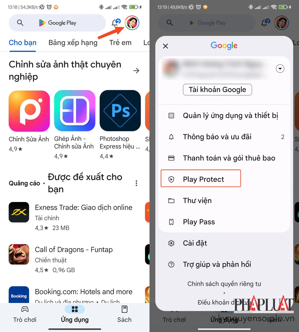 Truy cập vào phần cài đặt trên Google Play Protect