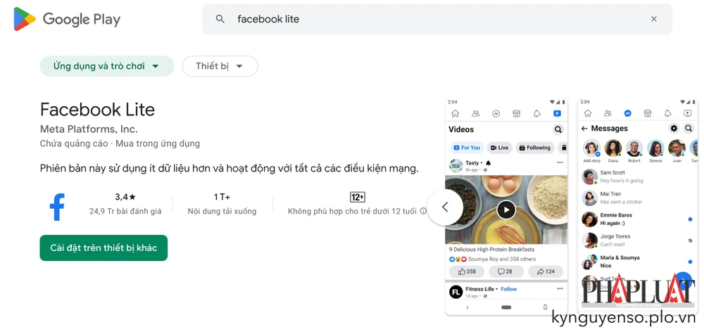 Facebook Lite được cung cấp miễn phí trên Google Play. Ảnh: TIỂU MINH