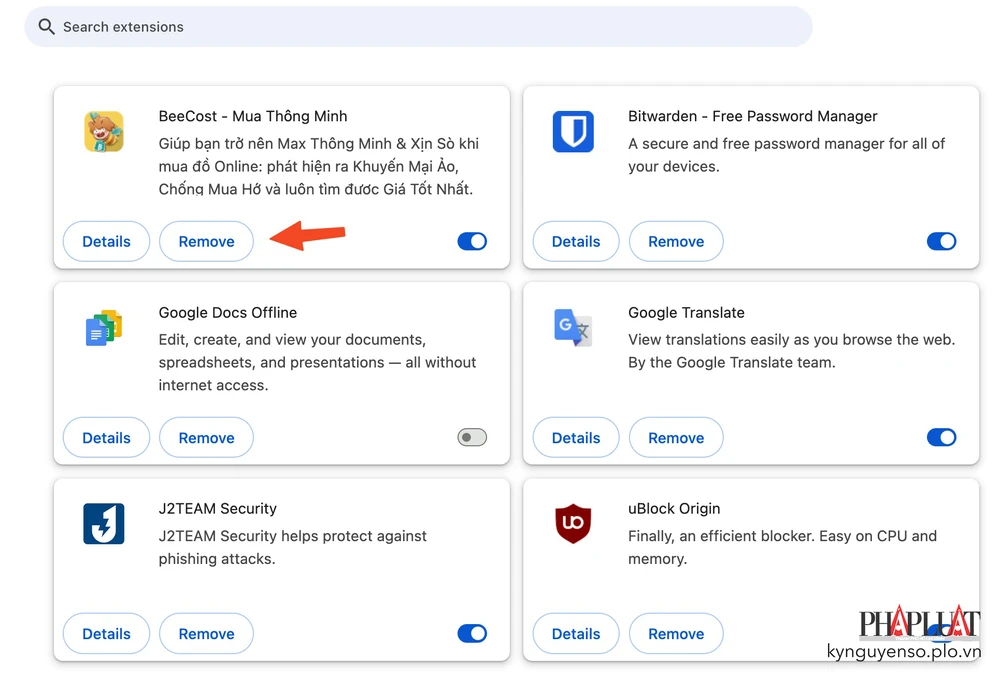 Gỡ bỏ các tiện ích mở rộng trên trình duyệt Google Chrome. Ảnh: TIỂU MINH