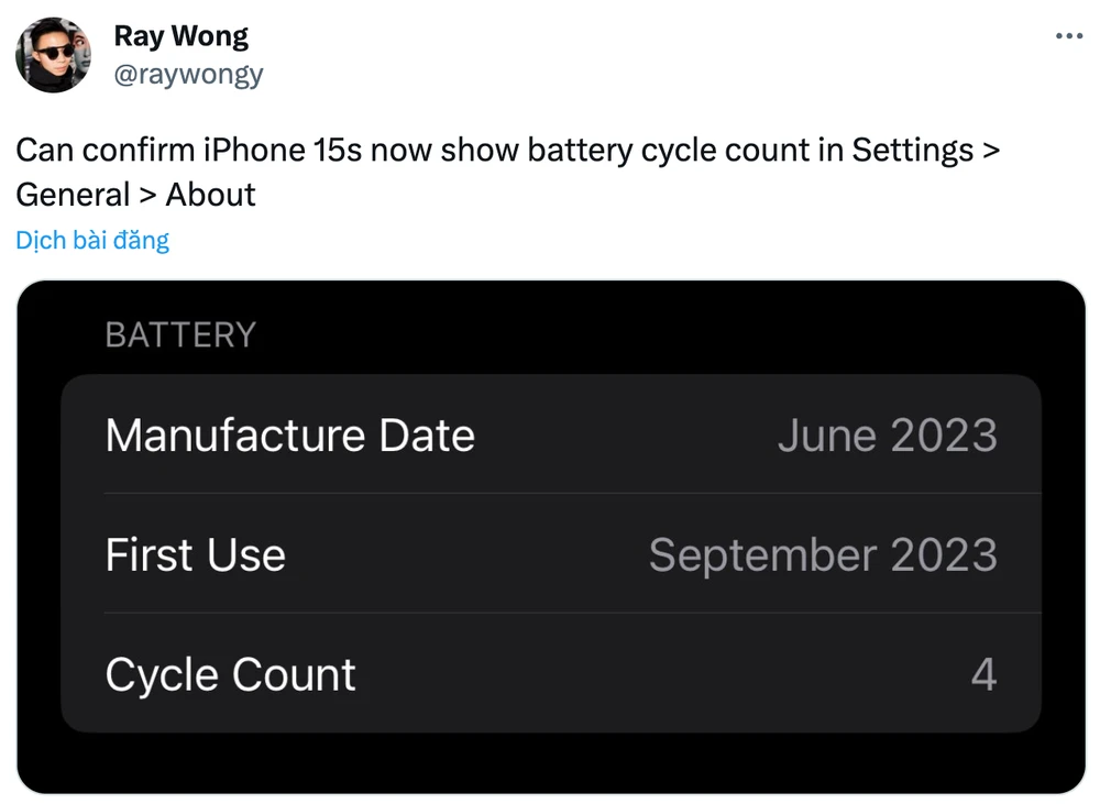 Kiểm tra số chu kỳ sạc trên iPhone 15. Ảnh chụp màn hình