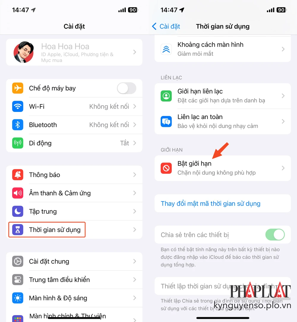 Cách bật tính năng thời gian sử dụng trên iPhone. Ảnh: MINH HOÀNG