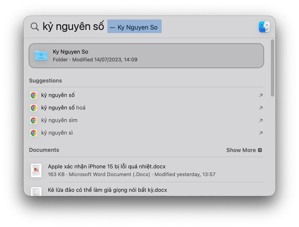 Spotlight gợi ý các kết quả có liên kết với Google Search. Ảnh: TIỂU MINH
