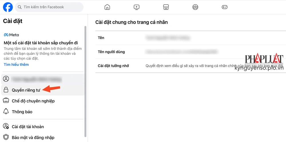 Truy cập vào phần cài đặt quyền riêng tư trên Facebook. Ảnh: MINH HOÀNG