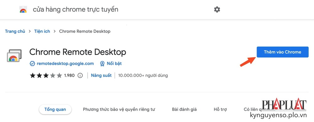 Cài đặt tiện ích mở rộng Chrome Remote Desktop trên kho ứng dụng. Ảnh: MINH HOÀNG