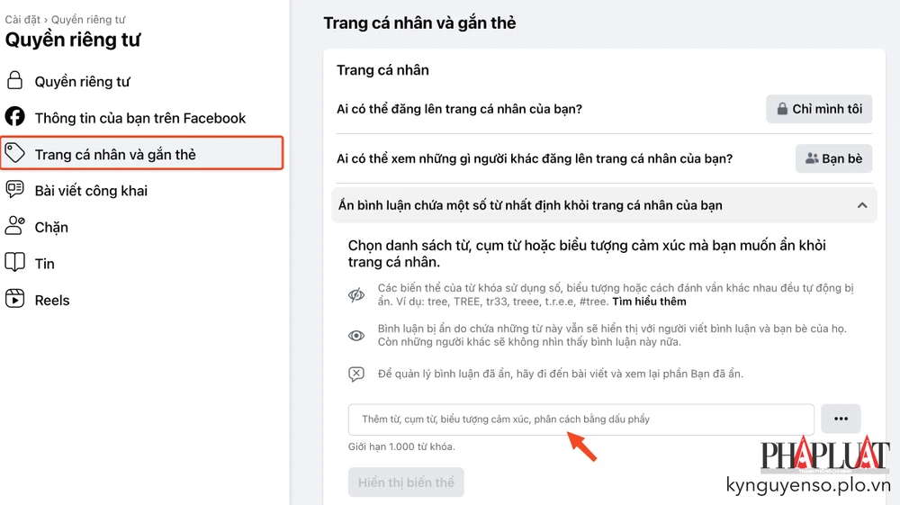 Chặn các bình luận có chứa từ khóa không phù hợp khỏi trang Facebook cá nhân. Ảnh: MINH HOÀNG