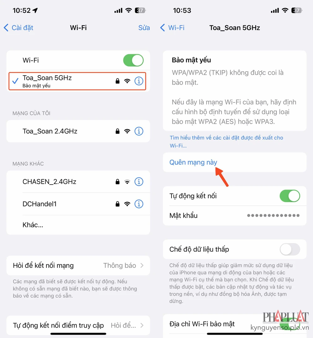 Quên mạng WiFi trên iPhone. Ảnh: TIỂU MINH
