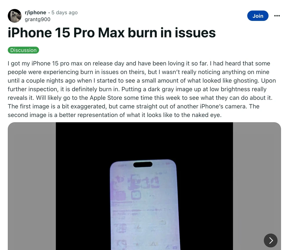 Người dùng phàn nàn iPhone 15 Pro Max lỗi màn hình. Ảnh chụp màn hình