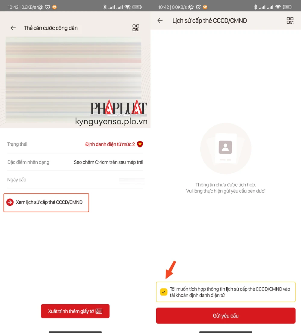 Gửi yêu cầu tích hợp thông tin lịch sử cấp thẻ CCCD/CMND vào tài khoản định danh điện tử. Ảnh: MINH HOÀNG