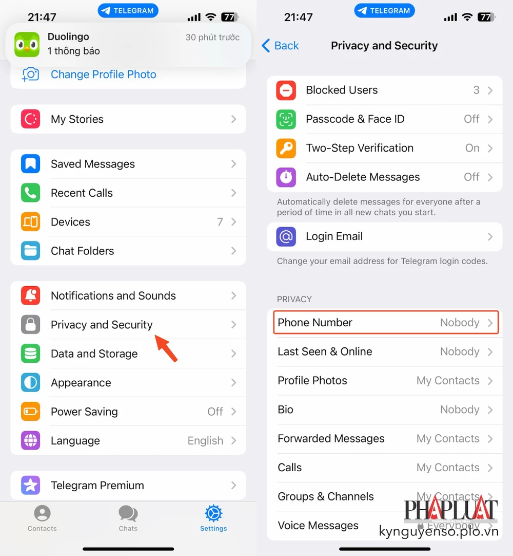 Ẩn số điện thoại trên Telegram bằng iPhone. Ảnh: MINH HOÀNG
