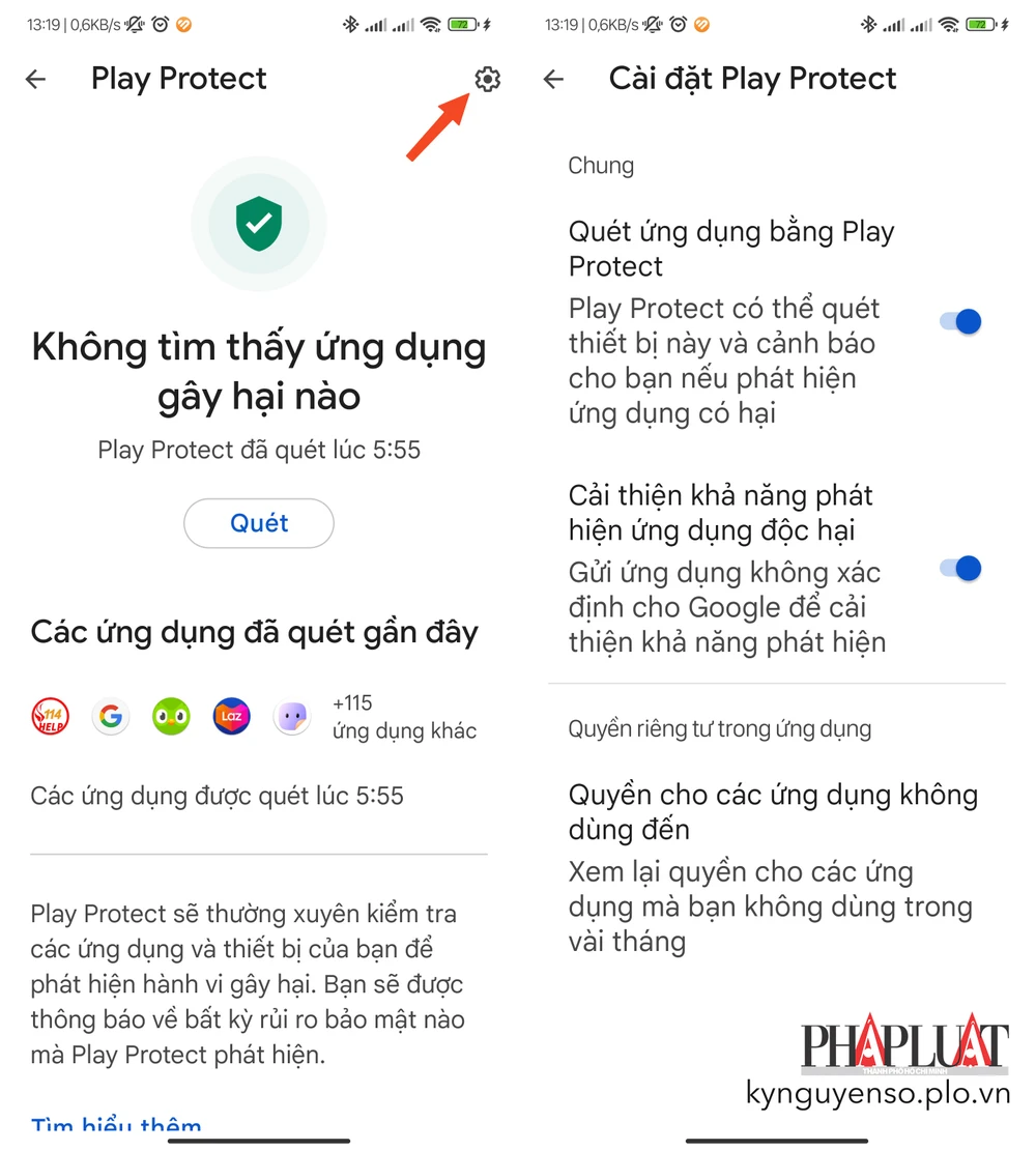 Bật tính năng Google Play Protect để quét các ứng dụng độc hại trên điện thoại Android. Ảnh: TIỂU MINH