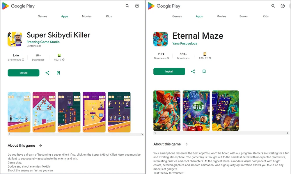 Các ứng dụng độc hại giả mạo trò chơi, lừa người dùng cài đặt và hiển thị quảng cáo trong nền. Ảnh: Dr. Web