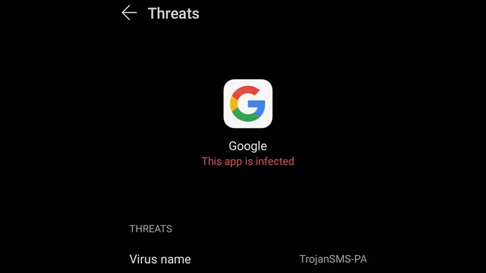 Ứng dụng Google bị nhận diện là virus. Ảnh: Google Support