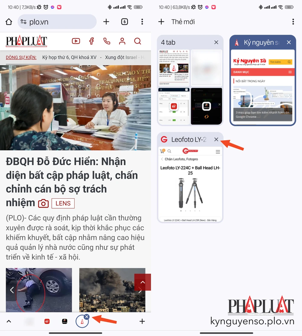Tắt bớt các thẻ không sử dụng để giảm hao pin khi sử dụng Chrome trên Android. Ảnh: TIỂU MINH