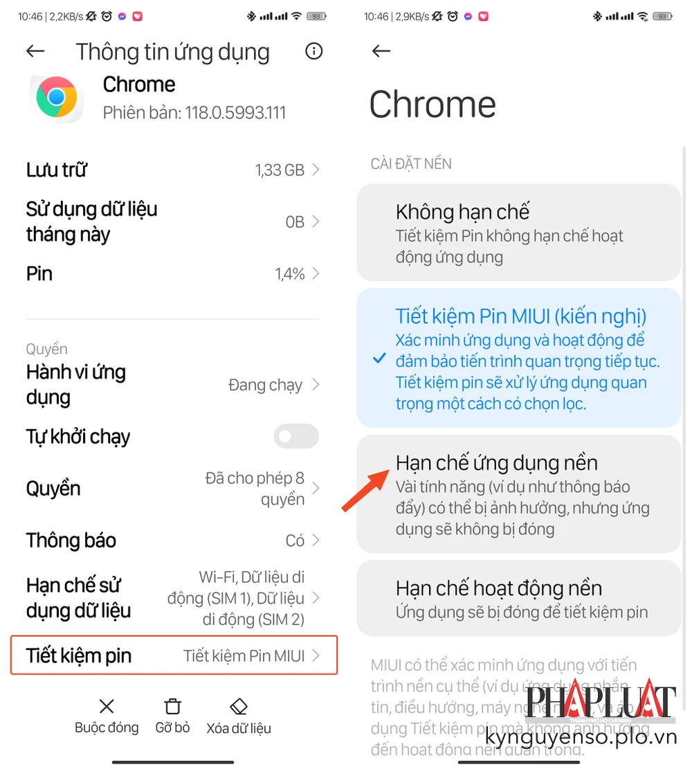 Hạn chế mức sử dụng pin của Chrome trên Android. Ảnh: TIỂU MINH