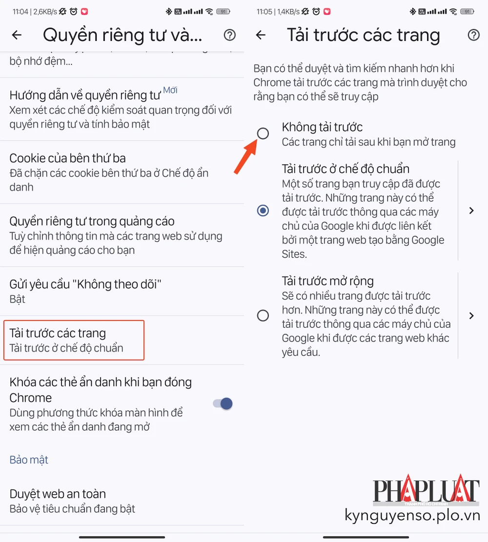 Tắt tính năng tải trước trang để giảm hao pin trên Chrome. Ảnh: TIỂU MINH